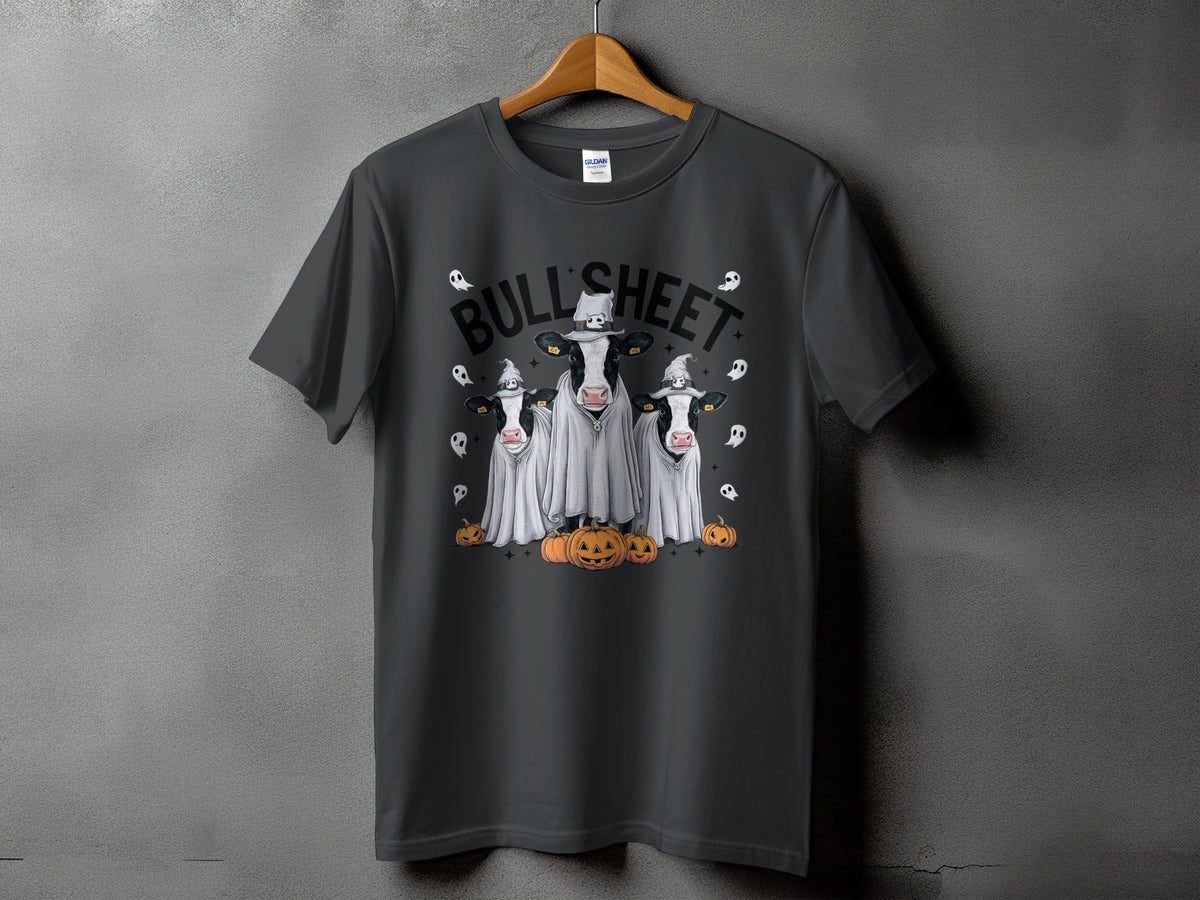 Three cows in ghost costumes with hats and pumpkins, "BULL SHEET" text.