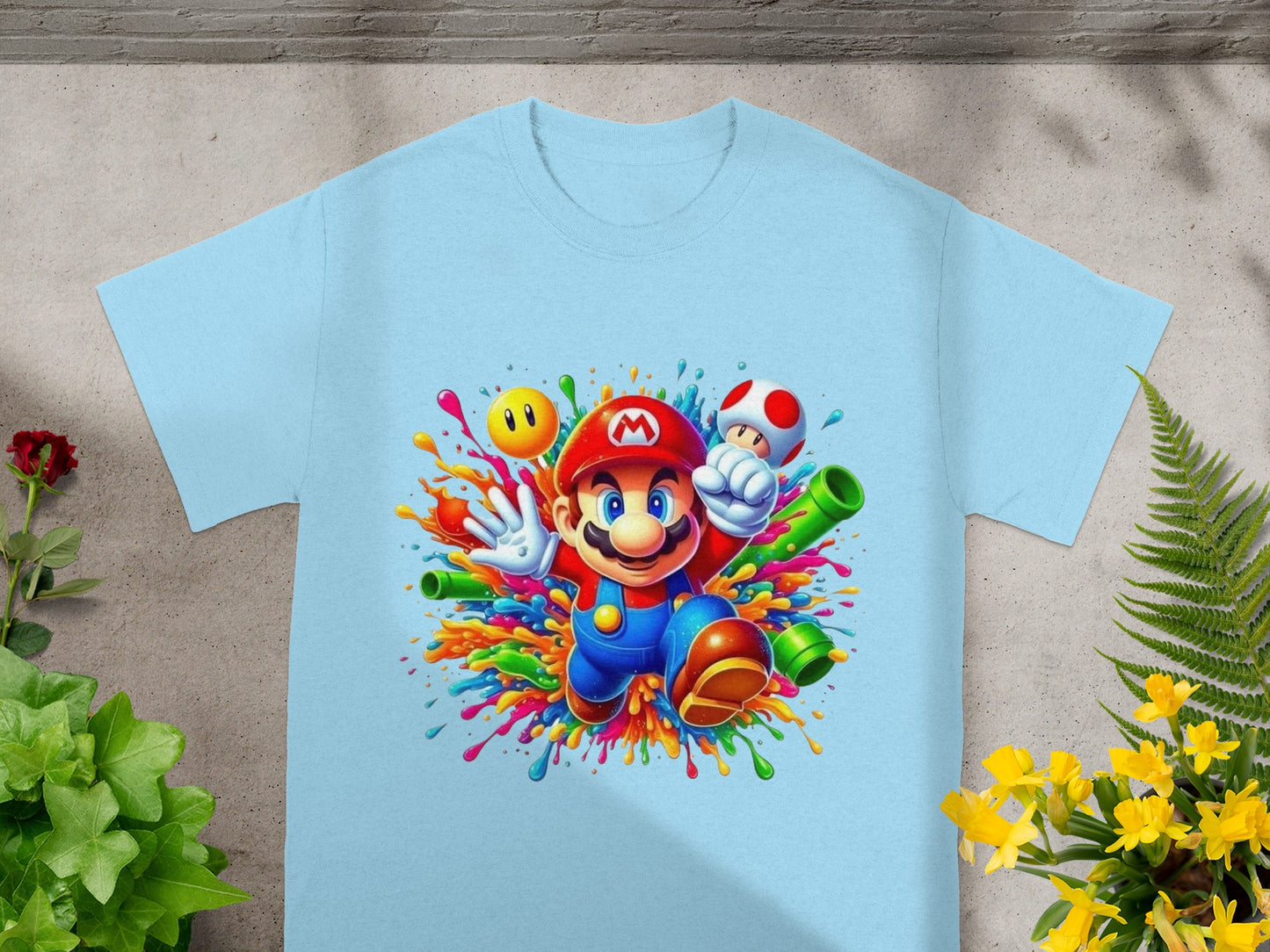 Mario character with colorful paint splashes and Mario mushroom.