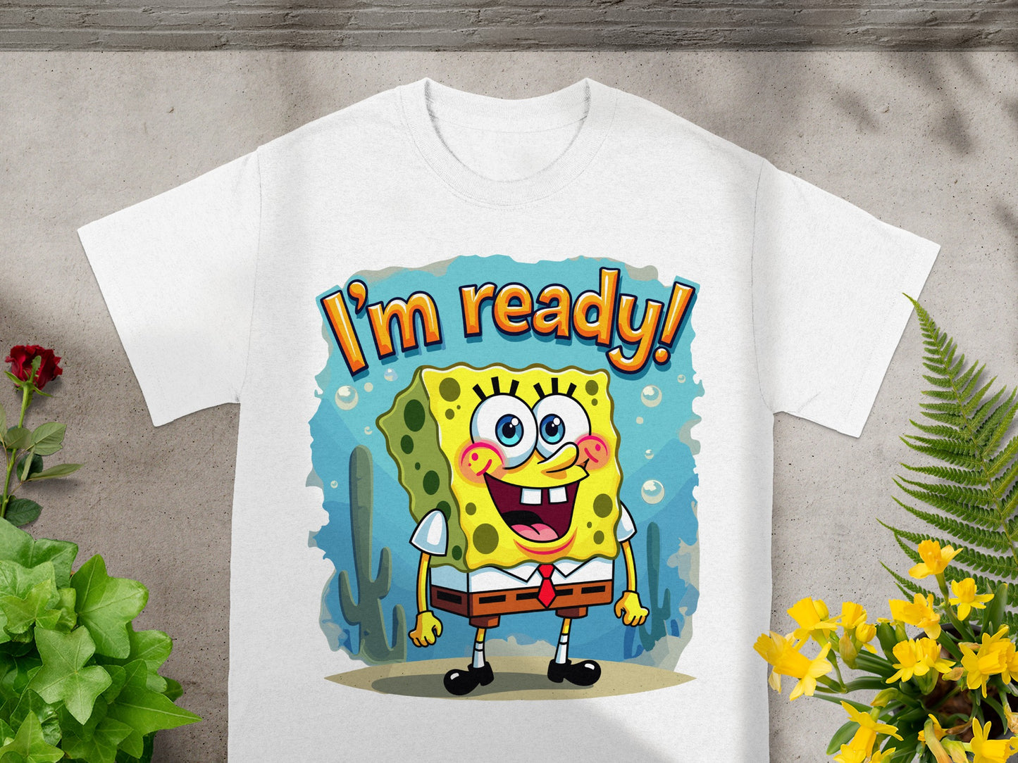 White t-shirt with Spongebob Squarepants and text "I'm ready!".