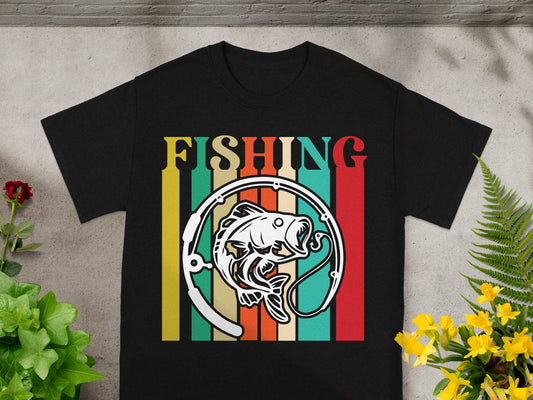 Black t-shirt with "FISHING" text and a fish graphic within a fishing rod circle.
