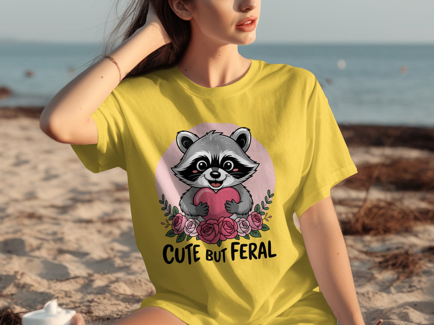 Cute But Feral Raccoon Heart Roses Graphic T-Shirt