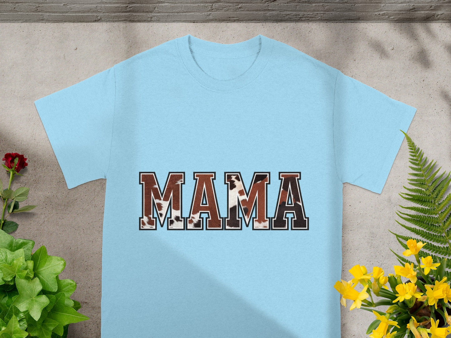 MAMA Western Cow Print Design Light Blue Shirt