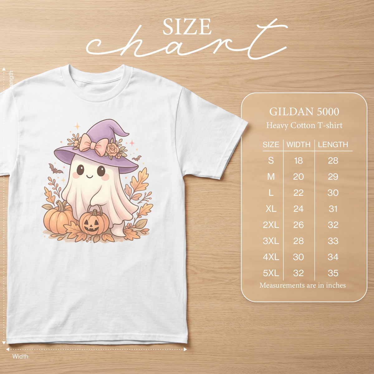 White Gildan 5000 heavy cotton t-shirt with cute ghost and pumpkin Halloween graphic.