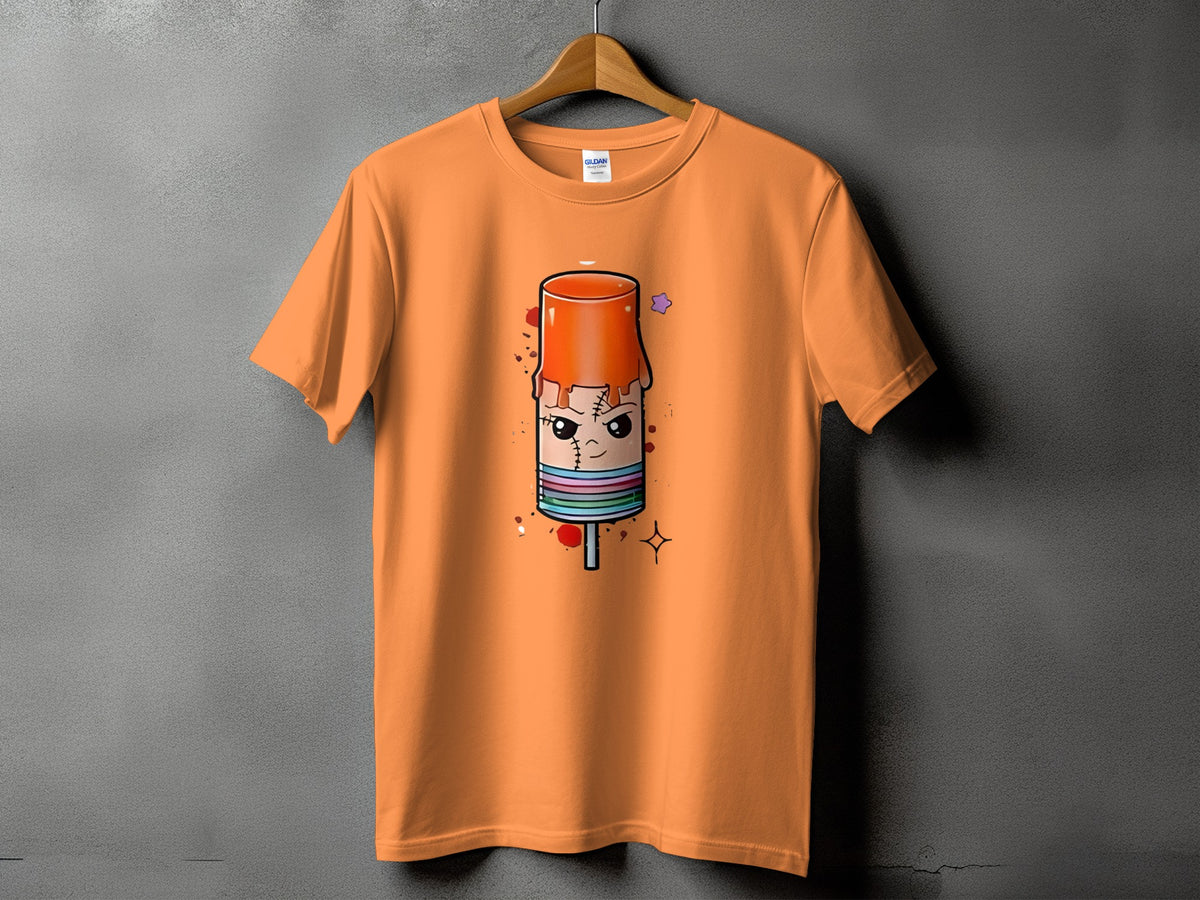 Orange t-shirt with a cartoon popsicle design featuring stitched details and a purple star.