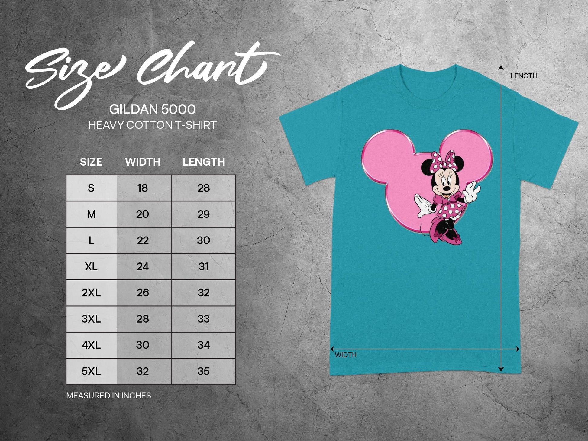 Gildan 5000 Minnie Mouse Size Chart Measured in Inches T-shirt