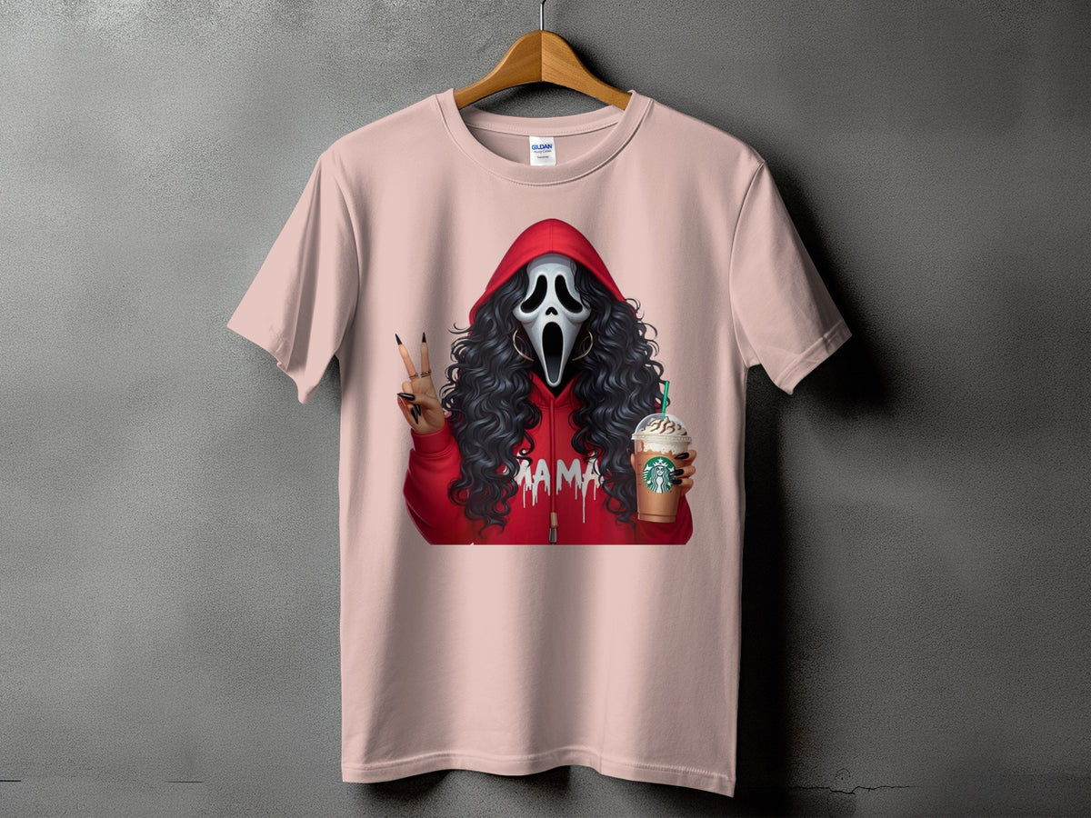 Ghostface with black curly hair, holding a Starbucks drink and making peace sign.