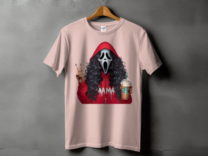 Ghostface with black curly hair, holding a Starbucks drink and making peace sign.