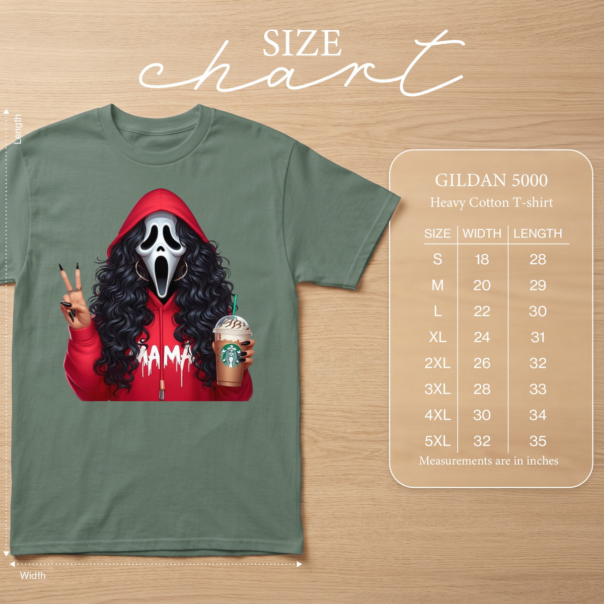 T-shirt with Ghostface graphic holding Starbucks, and Gildan 5000 size chart.