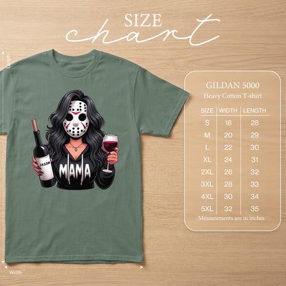 T-shirt with graphic of woman in hockey mask holding wine and bottle, Gildan size chart.