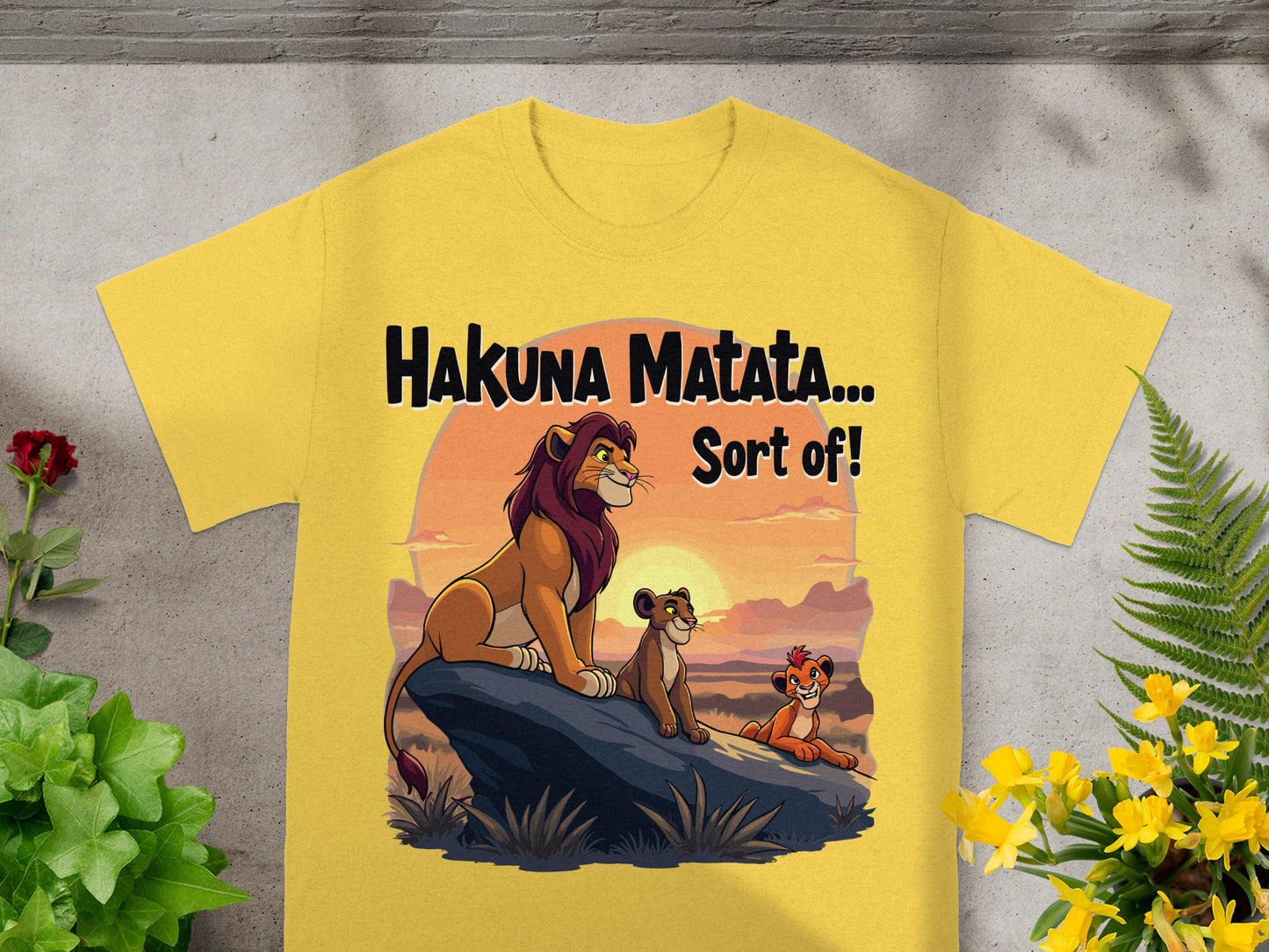 Yellow t-shirt with The Lion King characters and "Hakuna Matata... Sort of!" text.