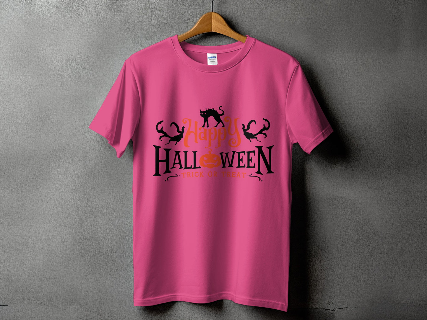 Pink t-shirt with "Happy Halloween" text, black cat, pumpkin, and "Trick or Treat".