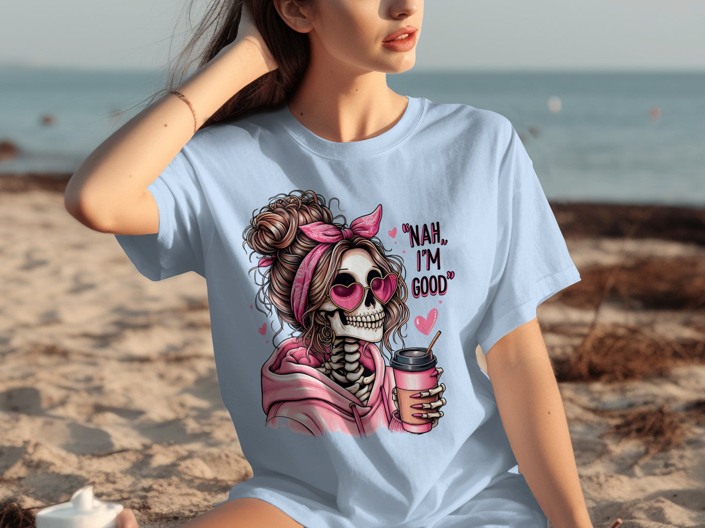 Nah I'm Good Skeleton with Coffee Graphic T-Shirt