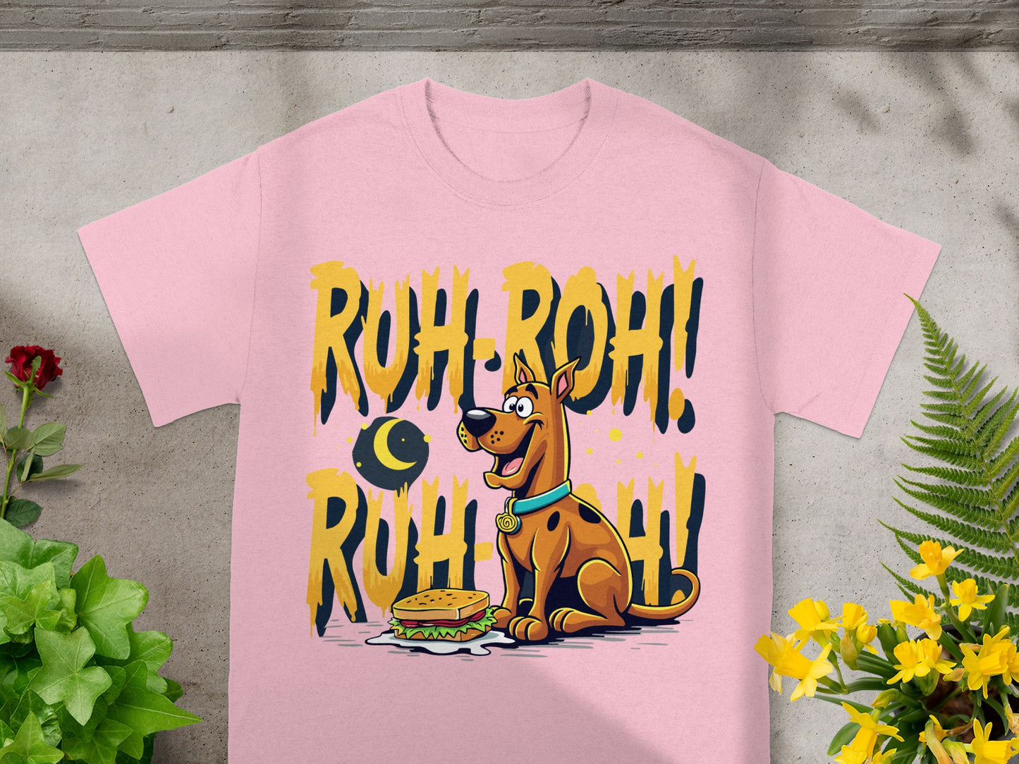 Pink t-shirt with Scooby-Doo sitting next to a sandwich and "RUH-ROH!" text.