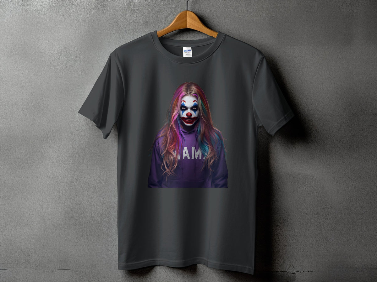 Dark grey t-shirt with a distressed graphic of a clown with colorful hair and "AMA" text.
