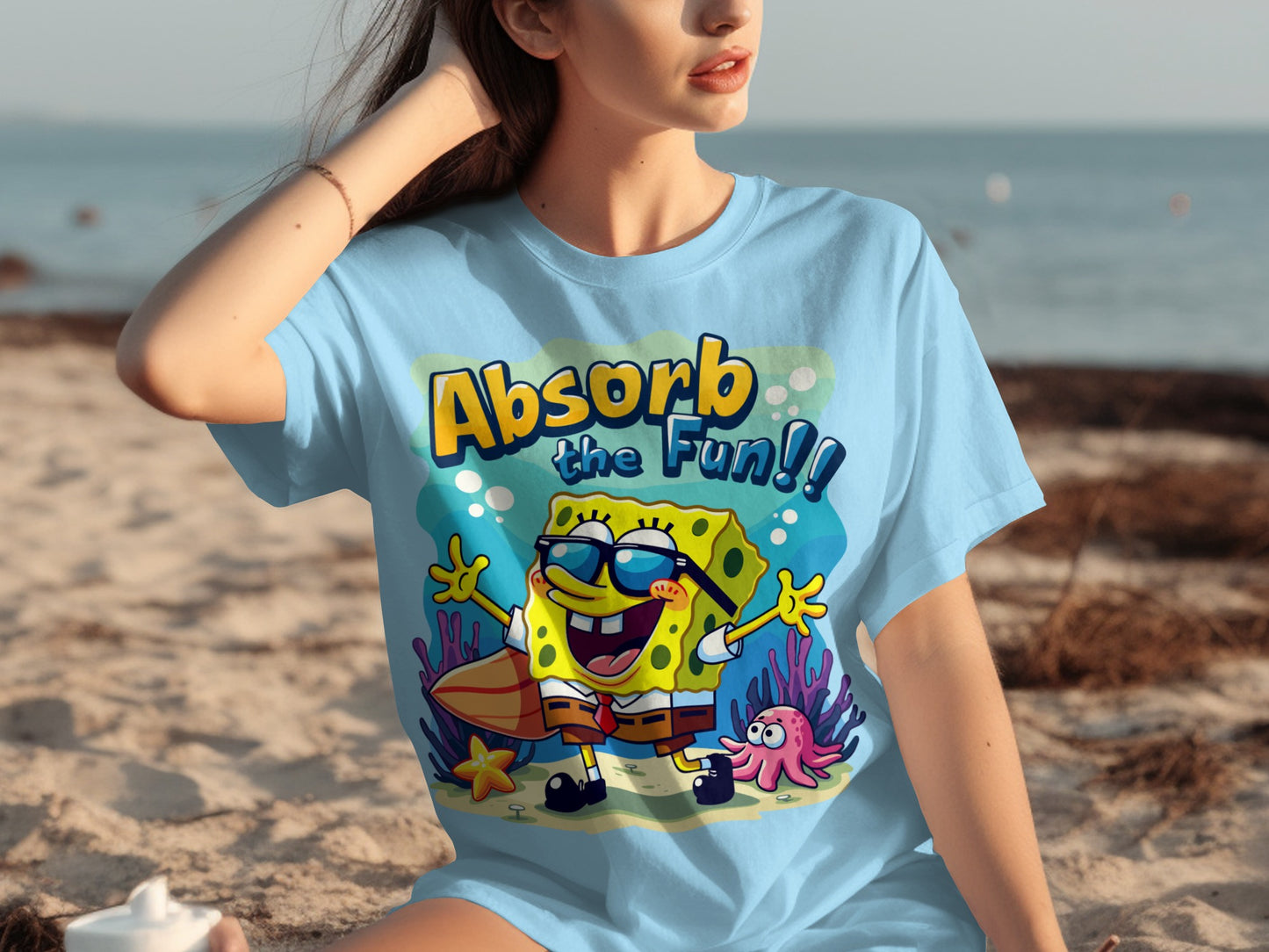 Absorb the Fun Sponge Cartoon Beach Graphic T-shirt