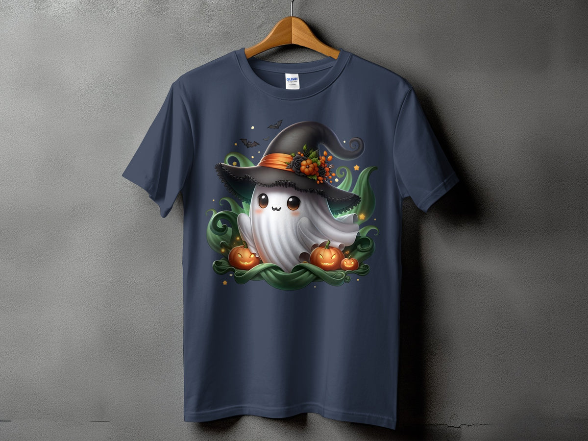 Ghost with witch hat, pumpkins, and bats on a navy blue t-shirt.