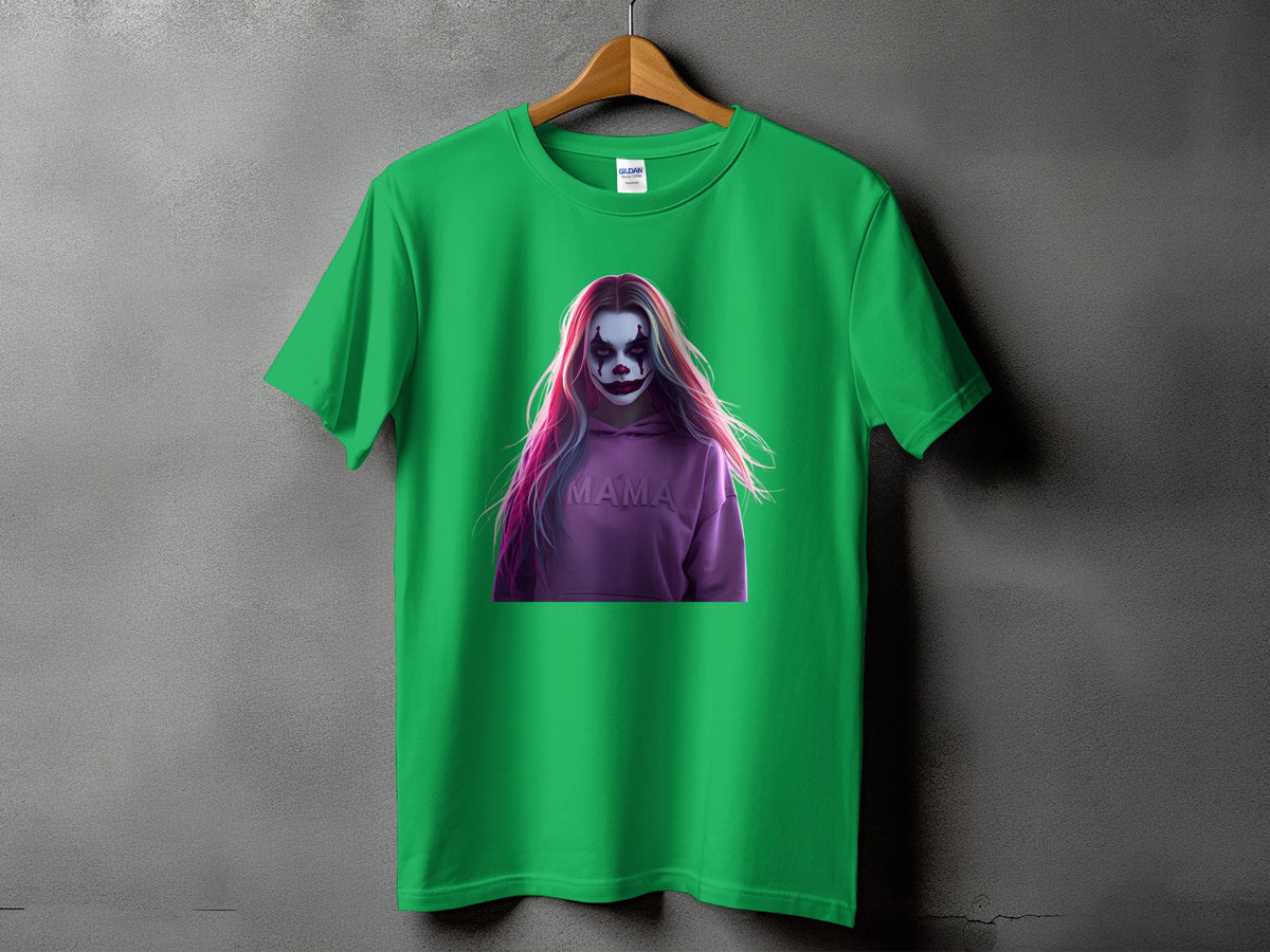 Green t-shirt with a clown graphic and "MAMA" text.