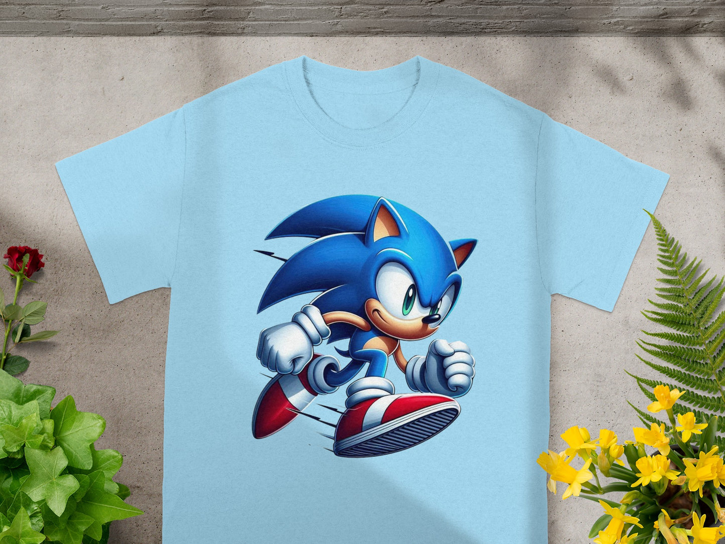 Light blue t-shirt with Sonic the Hedgehog running in a dynamic pose.