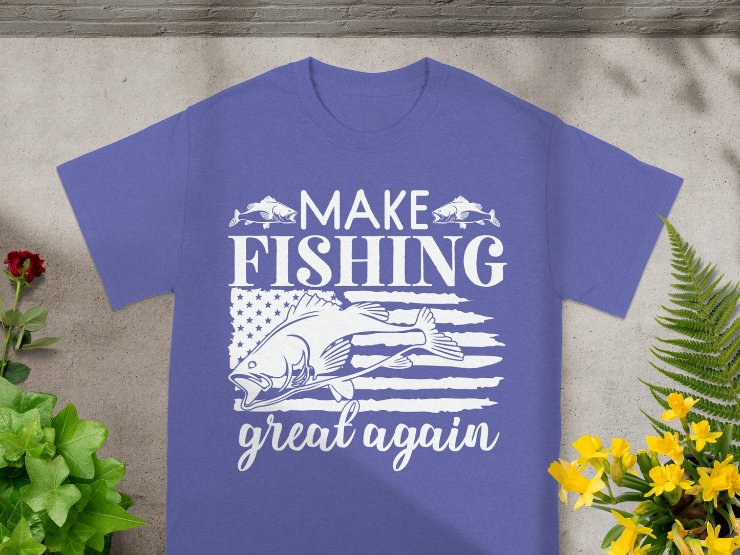 Purple t-shirt with white text "Make Fishing Great Again" and fish graphic.