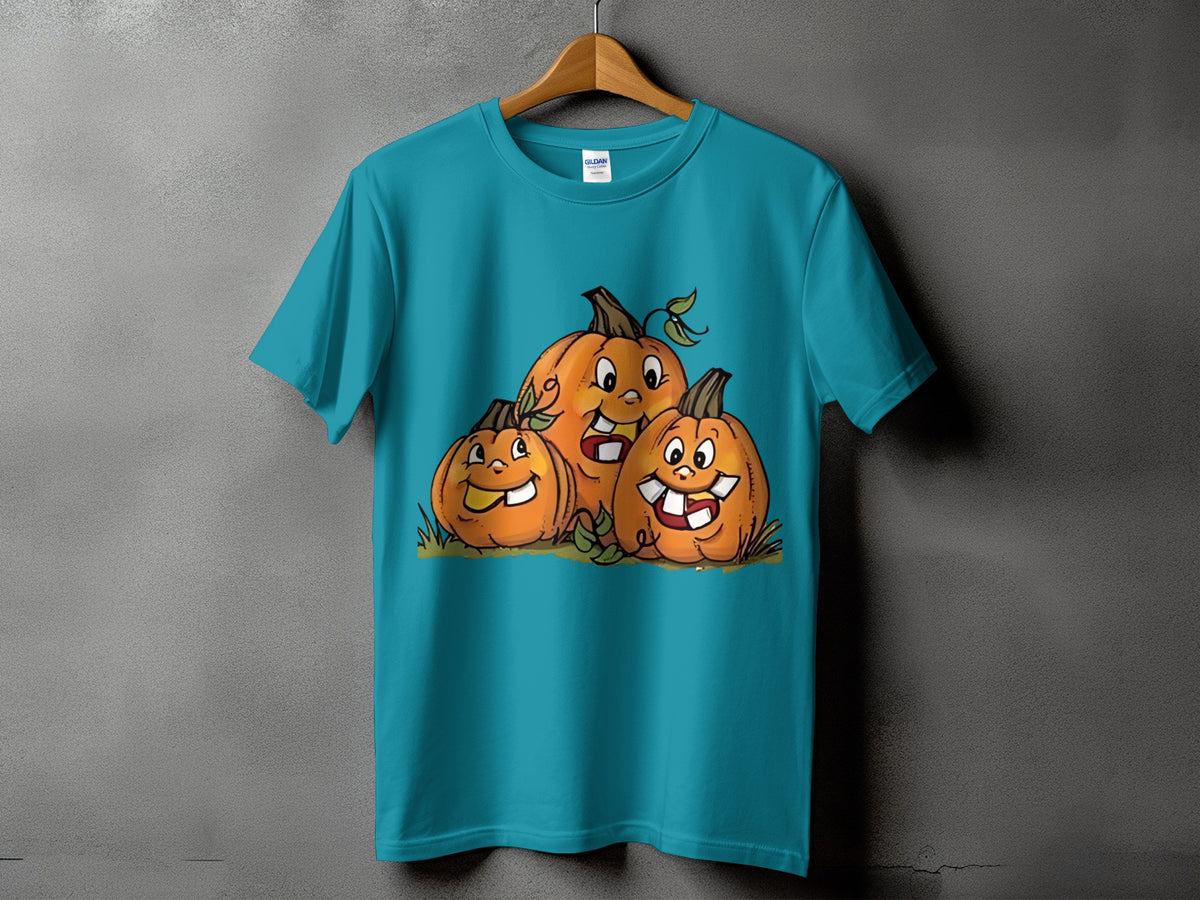 Teal t-shirt featuring three cartoon pumpkins with happy expressions.