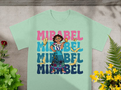 Mirabel from Encanto graphic t-shirt with butterfly and floral accents.