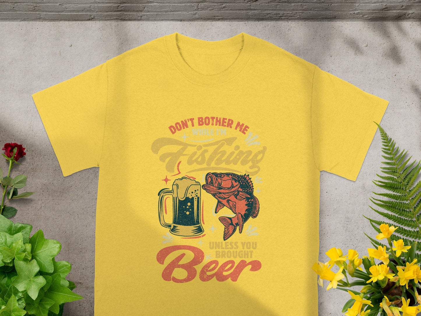 Yellow t-shirt with "Don't Bother Me While I'm Fishing Unless You Brought Beer" graphic.