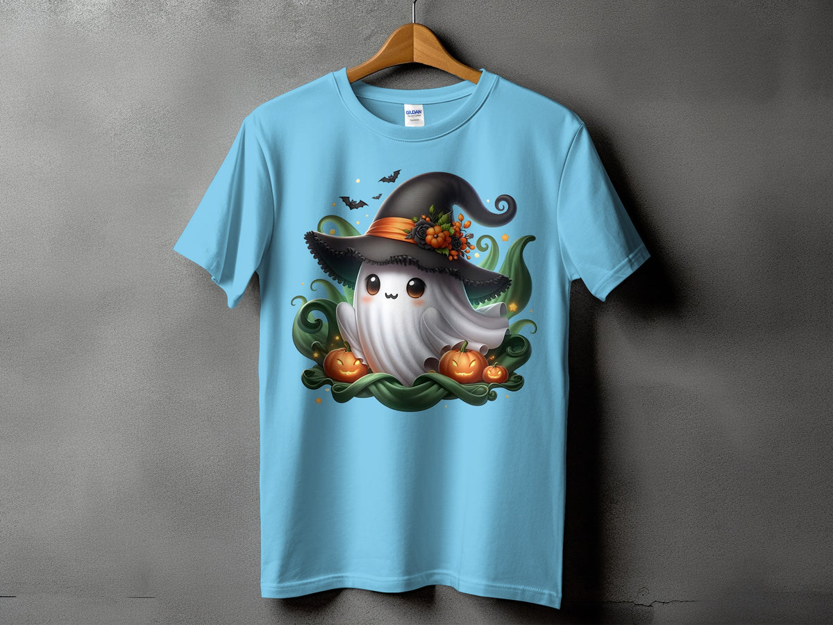 Light blue t-shirt with a cute ghost wearing a witch hat, pumpkins, and bats design.