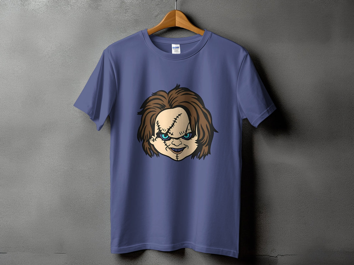 Purple t-shirt with Chucky doll head graphic.