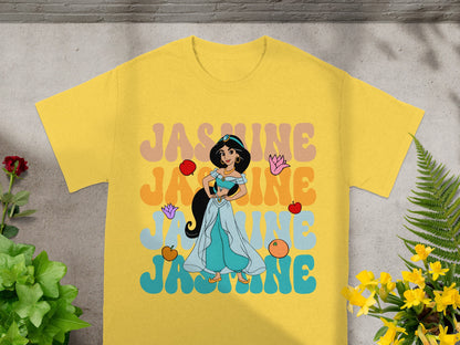 Disney Princess Jasmine on a yellow t-shirt with colorful text.