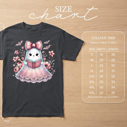 Size chart for Gildan 5000 heavy cotton t-shirts with width and length measurements.