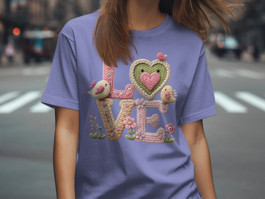 Love Knit Pattern With Birds and Flowers T-shirt
