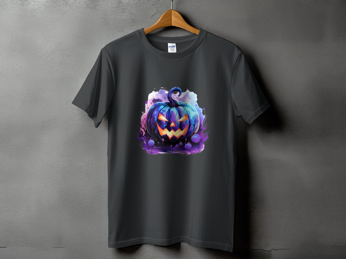 Dark grey t-shirt with a glowing, purple and blue Halloween pumpkin graphic.