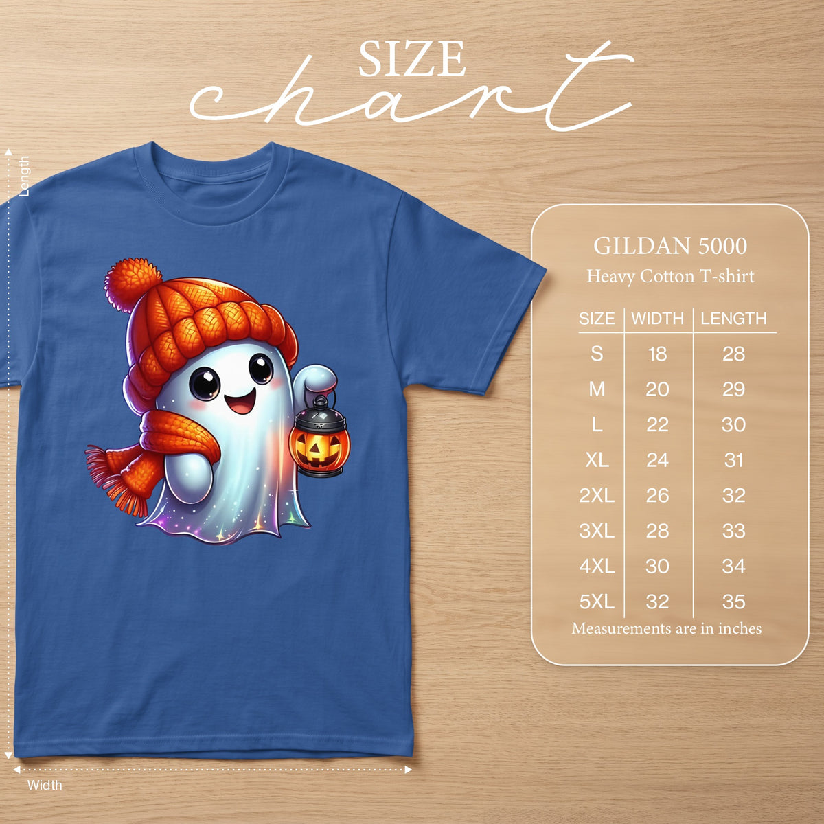 Blue Gildan 5000 t-shirt with cute ghost graphic and size chart.