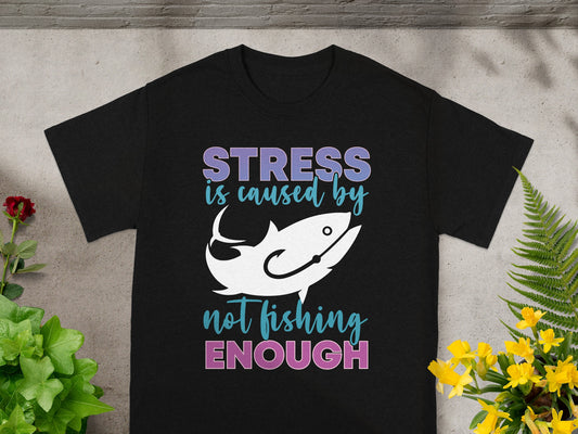 Black t-shirt with text and illustration about fishing.