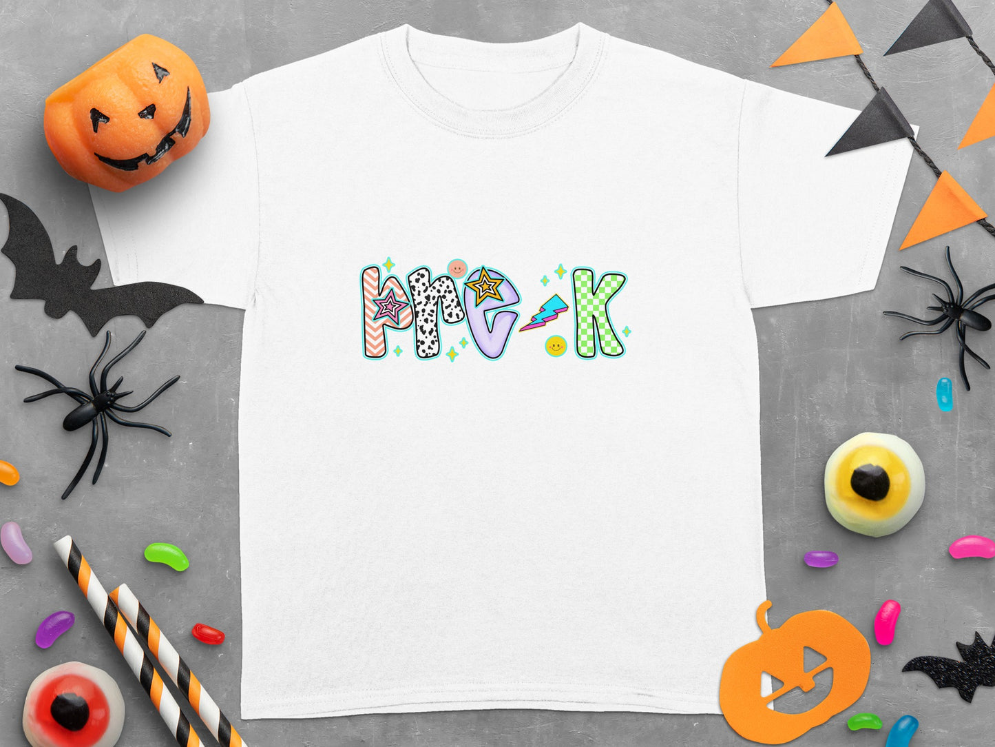 White t-shirt with "Pre-K" text in colorful, patterned block letters.