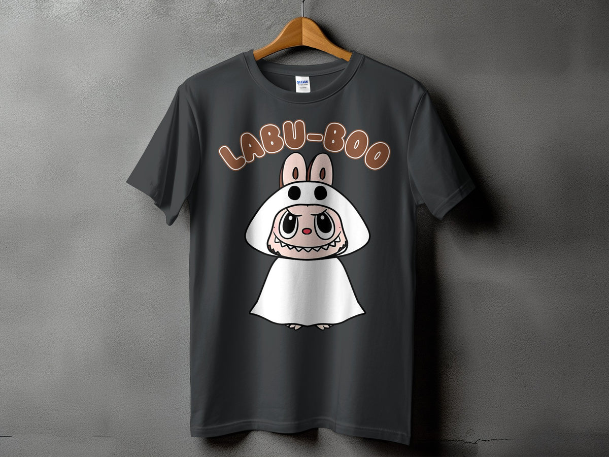 Dark grey t-shirt with "LABU-BOO" text and a cute ghost-like cartoon character.