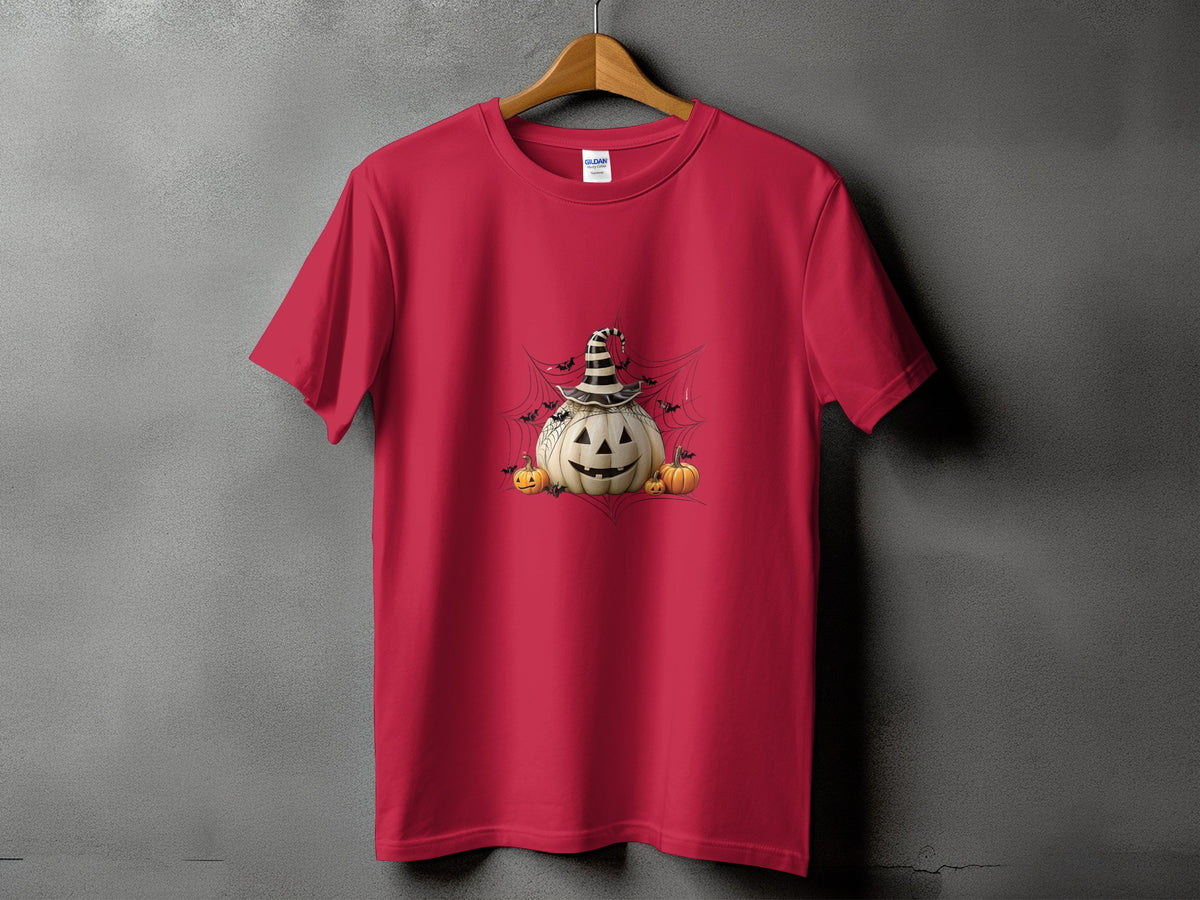 Red t-shirt with Halloween pumpkins, bats, and witch hat graphic.