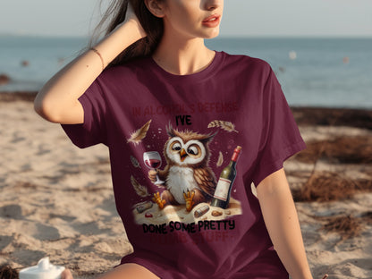 In Alcohol's Defense Owl with Wine Graphic T-Shirt