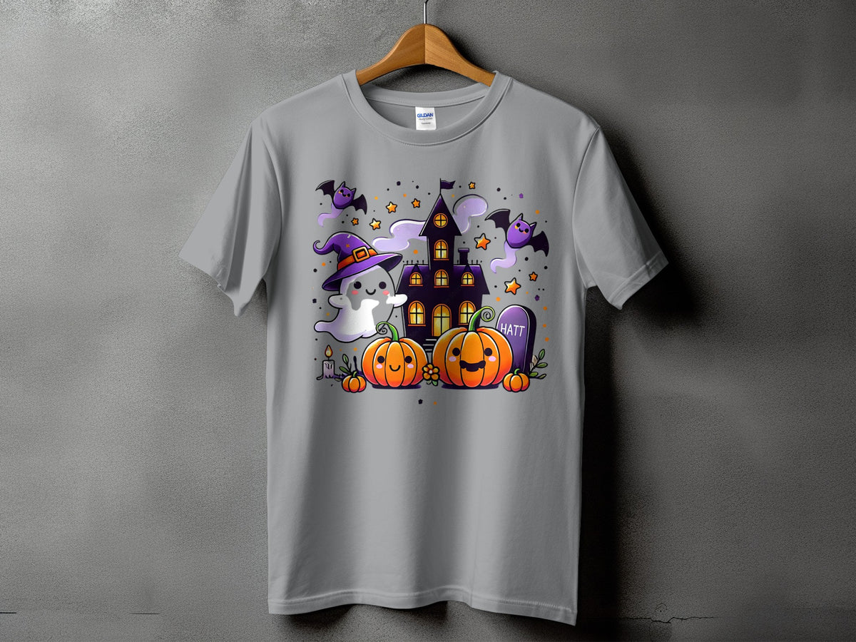 Gray t-shirt with Halloween-themed graphic of ghost, pumpkins, bats, haunted house, and tombstone.