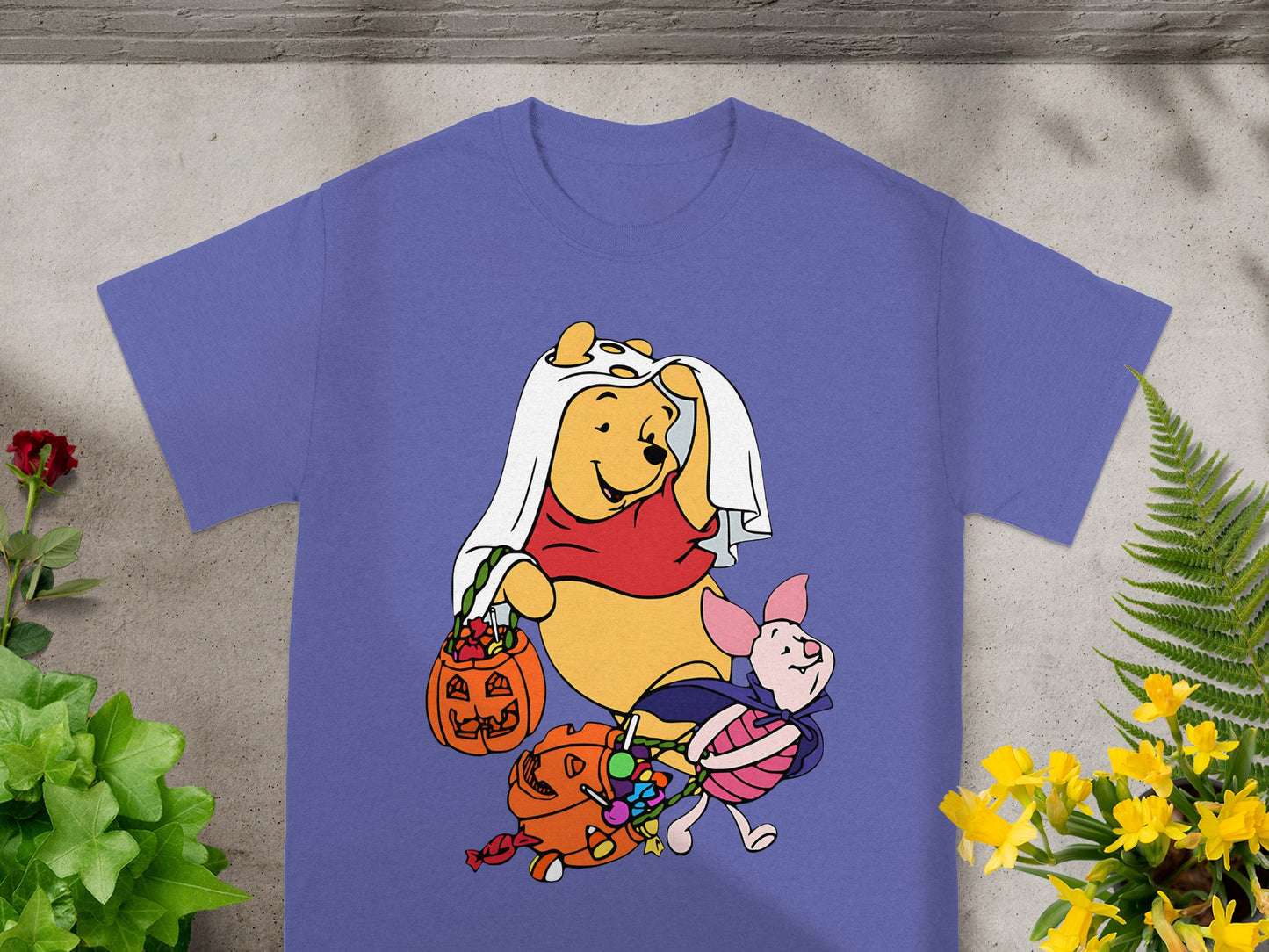 Winnie the Pooh and Piglet in Halloween costumes with candy.