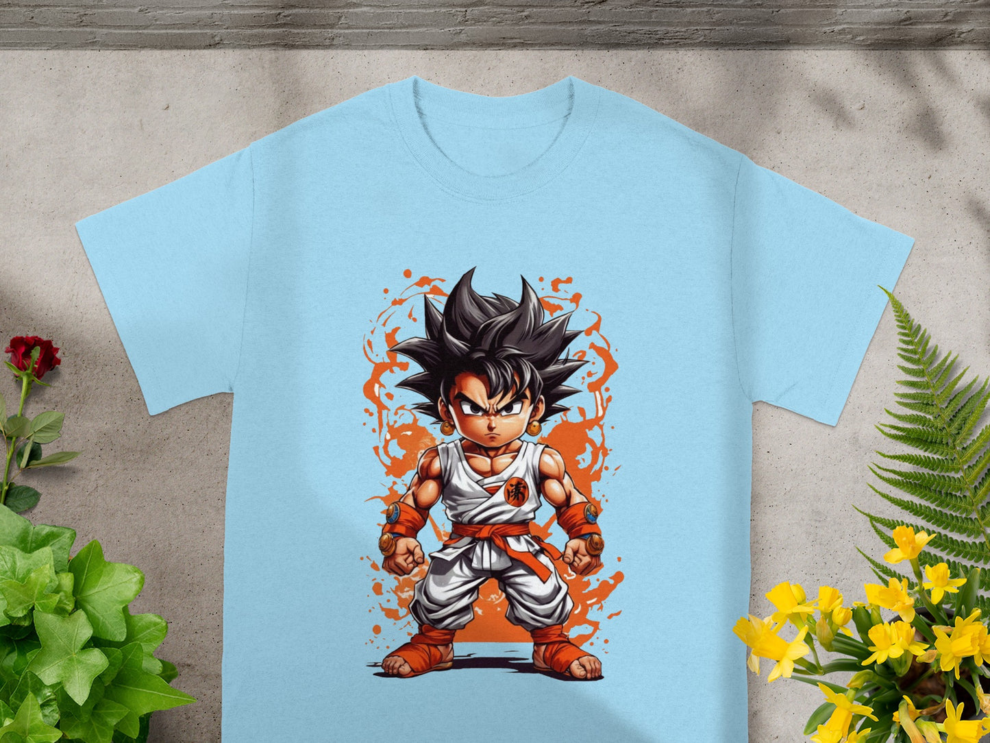 Goku from Dragon Ball Z in an orange and white gi, front view.