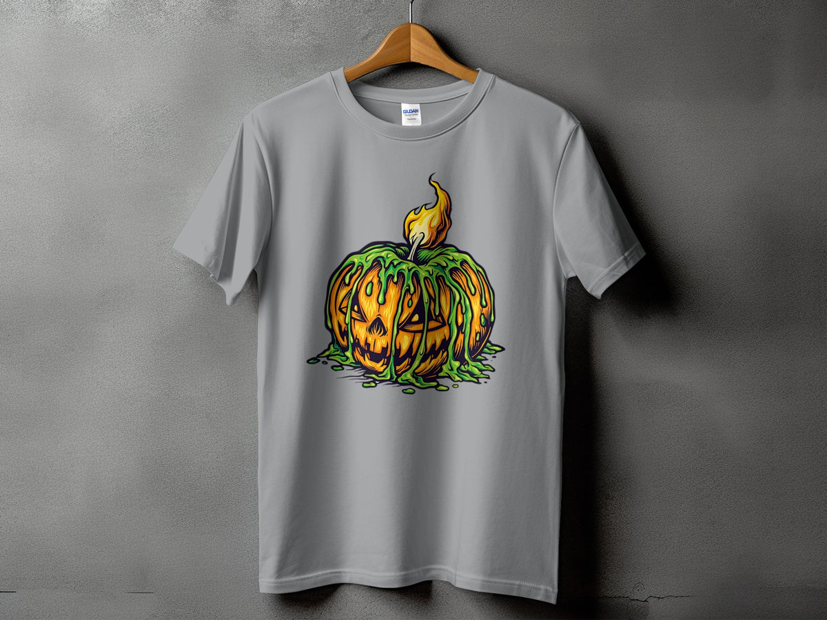 Gray t-shirt with a spooky pumpkin design dripping green slime and on fire.
