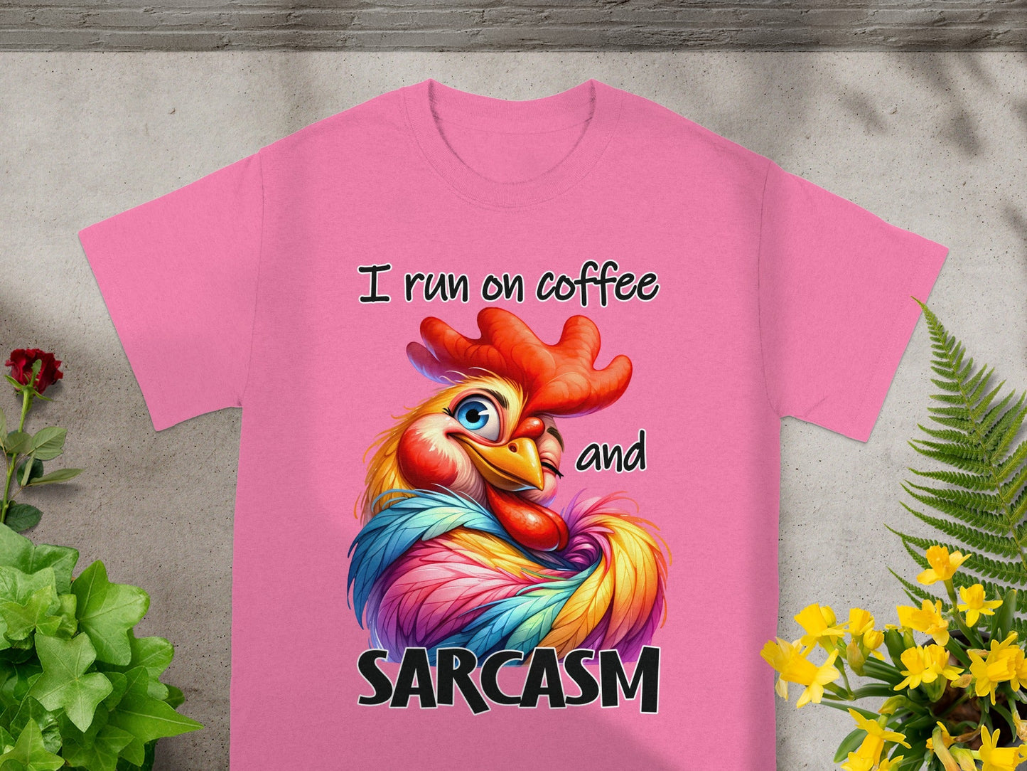 I Run On Coffee And Sarcasm Colorful Rooster T-Shirt
