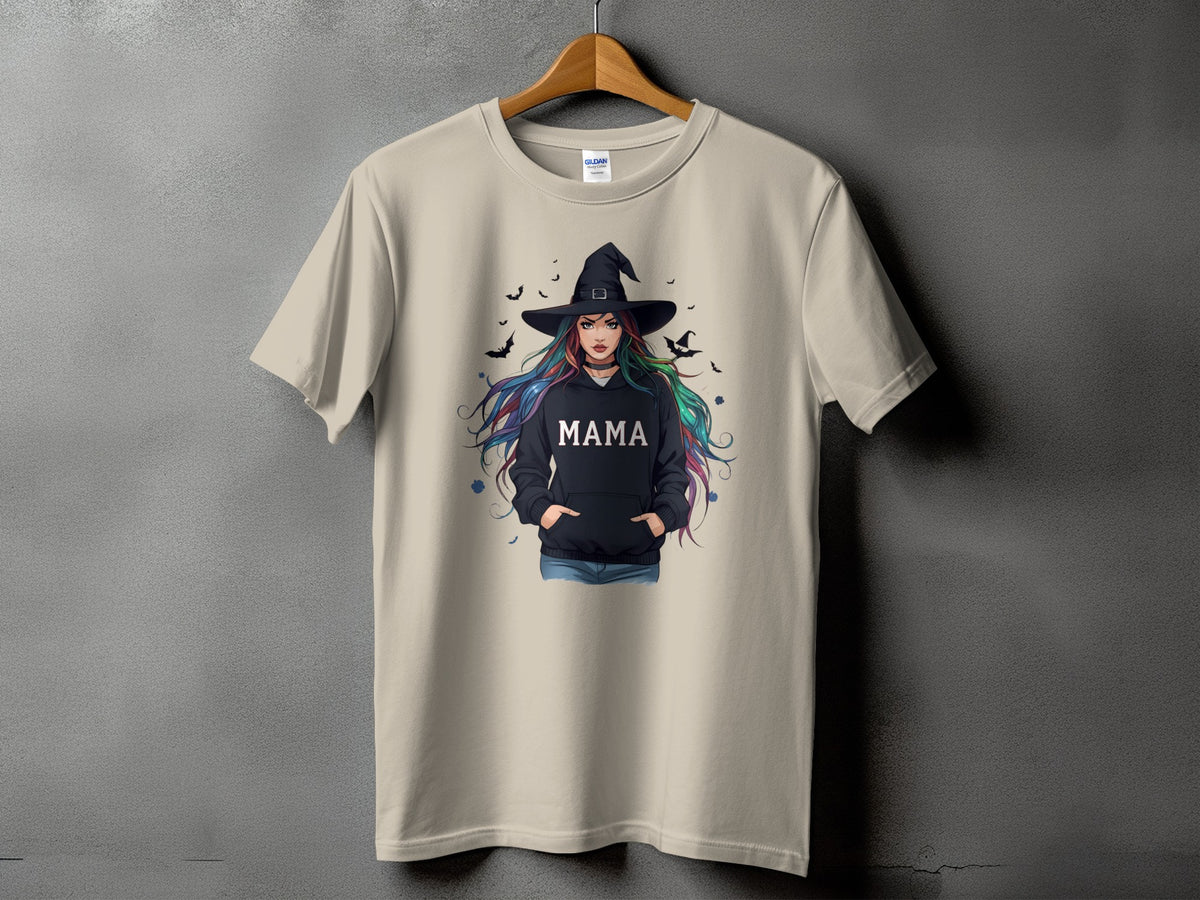 T-shirt with witch graphic and "MAMA" text on a black hoodie.