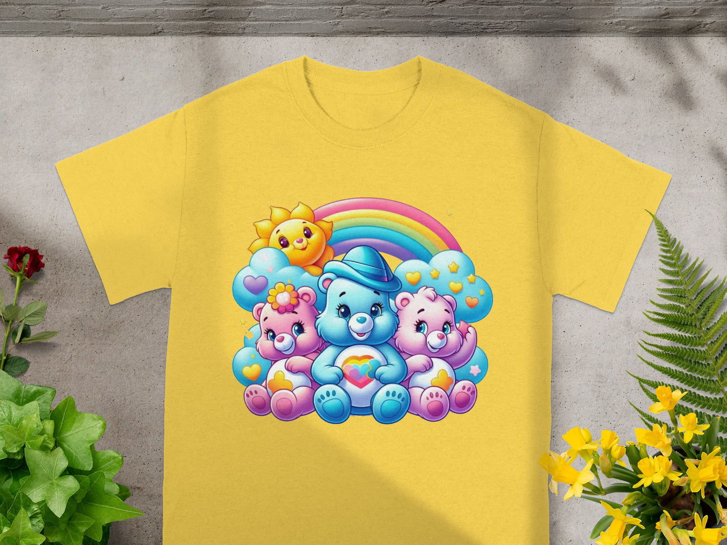 Three Care Bears and a sun character sitting together under a rainbow.