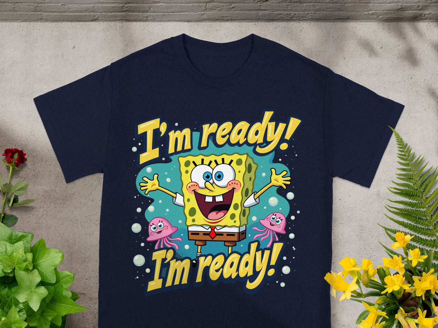 SpongeBob SquarePants with arms raised between two jellyfish, text reads "I'm ready!"