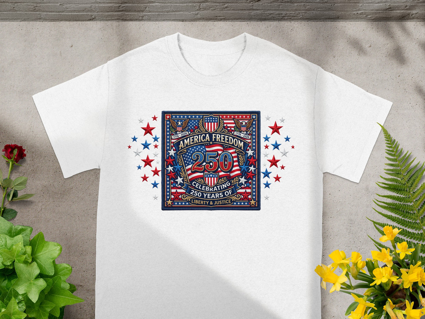 White t-shirt with "America Freedom 250 Years" patriotic emblem and stars.