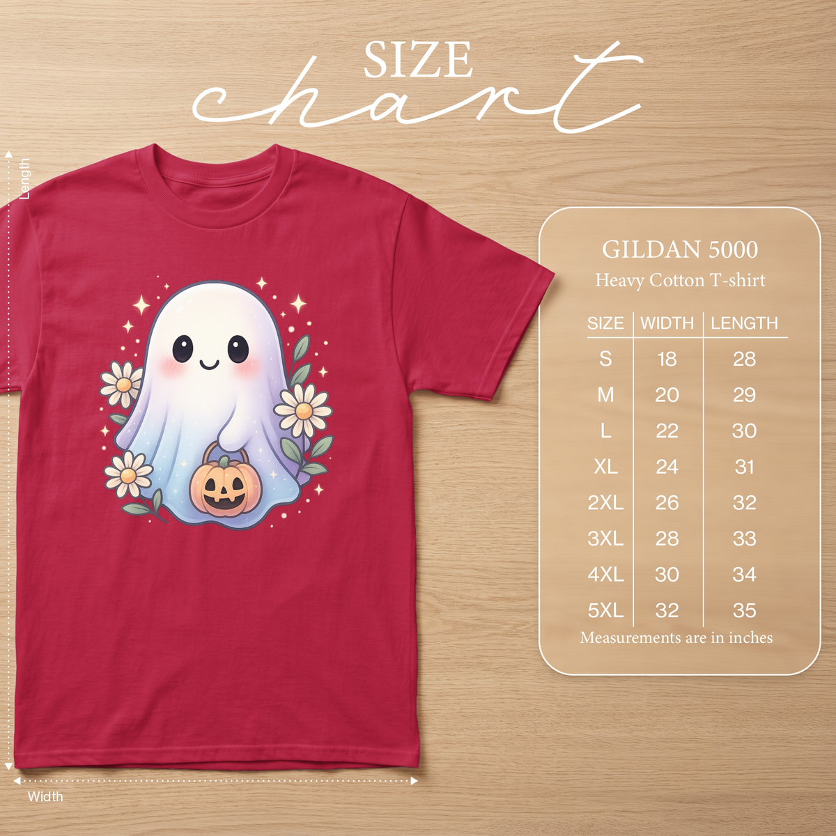 Red Gildan 5000 Heavy Cotton T-shirt with a cute ghost design and size chart.