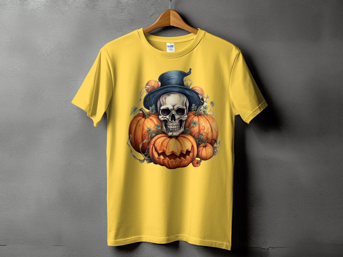 Yellow t-shirt with Halloween skull and pumpkins graphic.