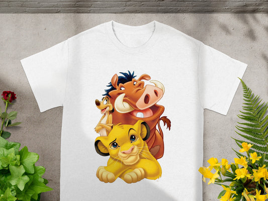 White t-shirt with The Lion King characters Simba, Timon, and Pumbaa.
